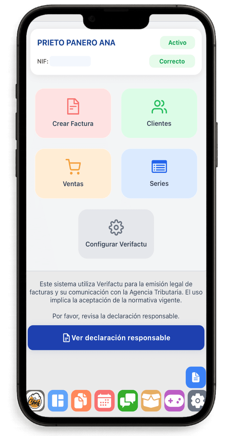 Panel de facturación VeriFactu con accesos a reservas, turno y facturas